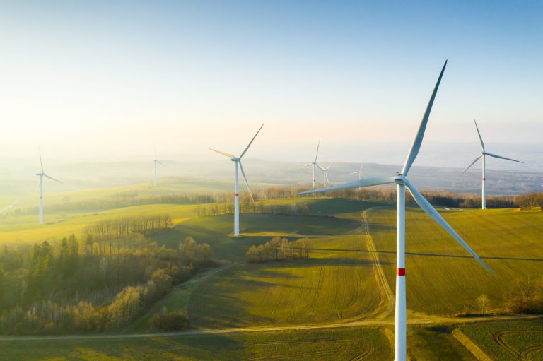 Projects OZE 4 panoramic view wind farm wind park with high wind turbines generation electricity with 1